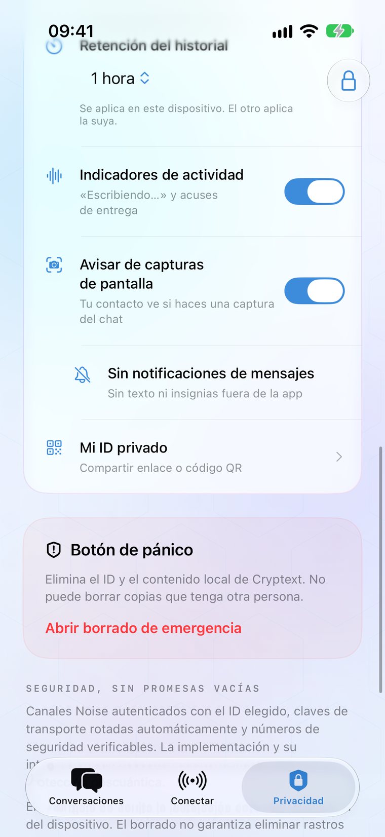 Ajustes de privacidad: retención, indicadores de actividad y borrado de emergencia